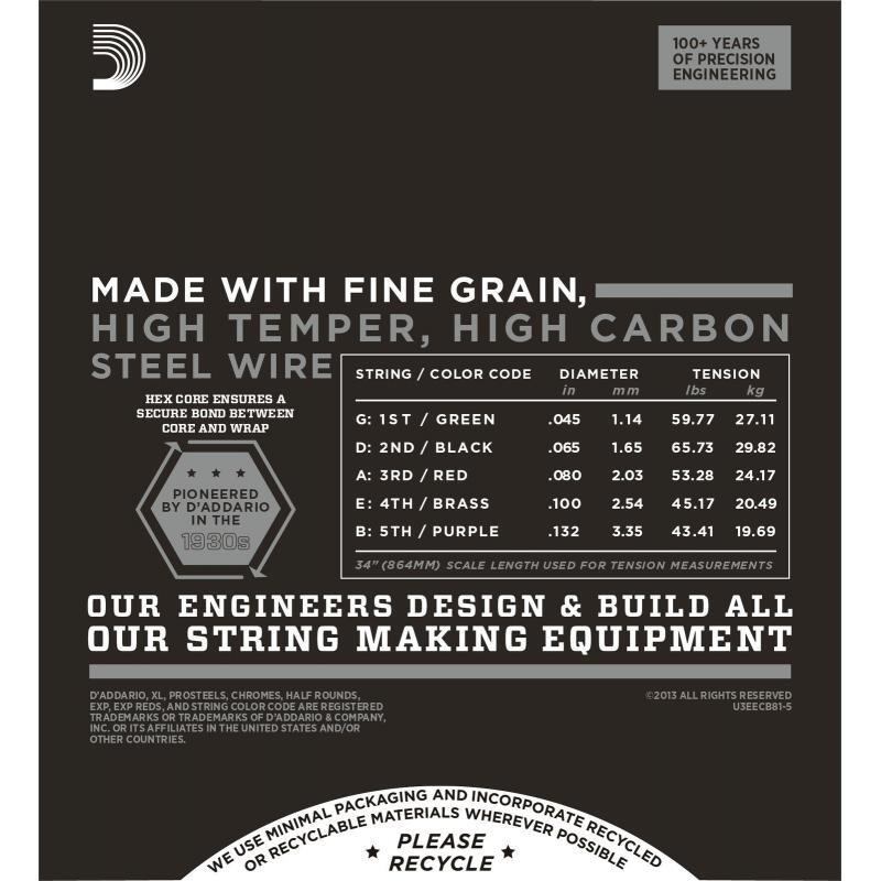 Струни для бас-гітари D'Addario ECB81-5 Chromes Flatwound Regular Light 45/132