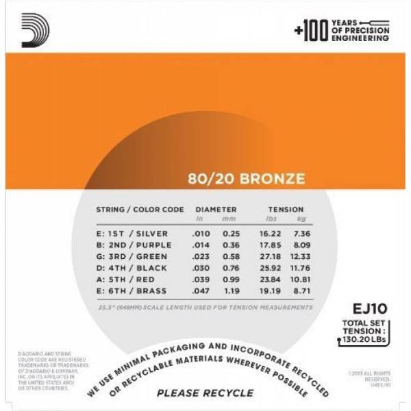 Струны для акустической гитары D'Addario EJ10 80/20 Bronze Extra Light 10/47