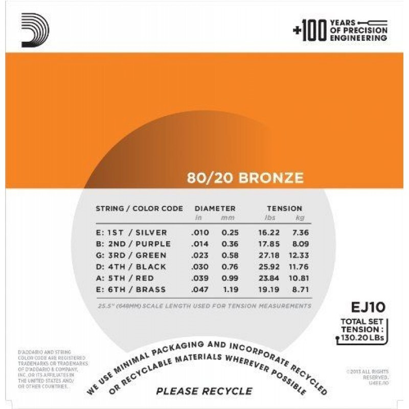Струны для акустической гитары D'Addario EJ10 80/20 Bronze Extra Light 10/47