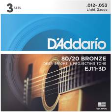 Струны для акустической гитары 3 Sets D'Addario EJ11-3D 80/20 Bronze Light 12/53