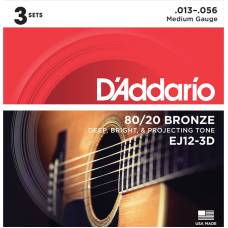 Струны для акустической гитары 3 Sets D'Addario EJ12-3D 80/20 Bronze Medium 13/56