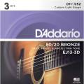 Струны для акустической гитары 3 Sets D'Addario EJ13-3D 80/20 Bronze Custom Light 11/52