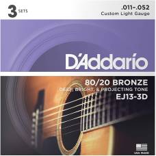 Струны для акустической гитары 3 Sets D'Addario EJ13-3D 80/20 Bronze Custom Light 11/52