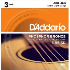 Струны для акустической гитары 3 Sets D'Addario EJ15-3D Phosphor Bronze Extra Light 10/47