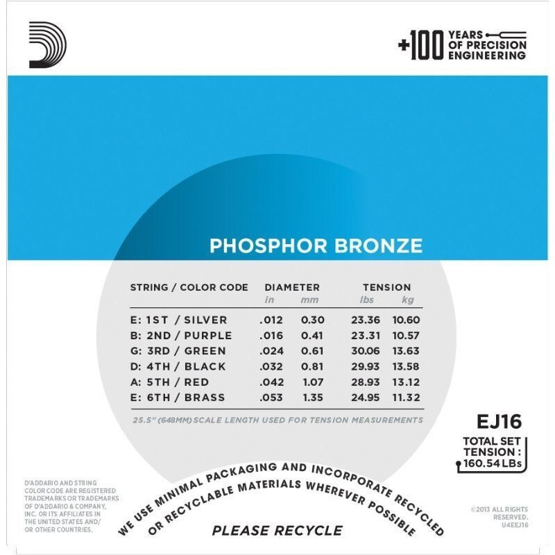 Струны для акустической гитары D'Addario EJ16 Phosphor Bronze Light 12/53