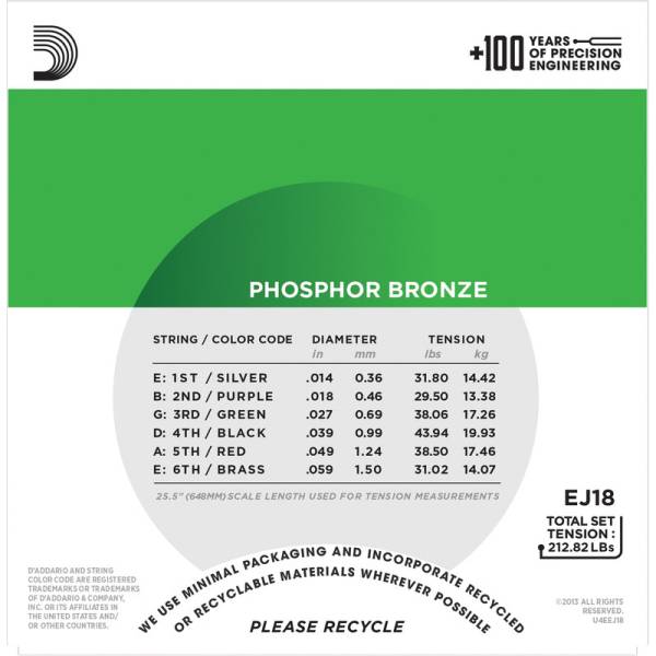 Струни для акустичної гітари D'Addario EJ18 Phosphor Bronze Heavy 14/59