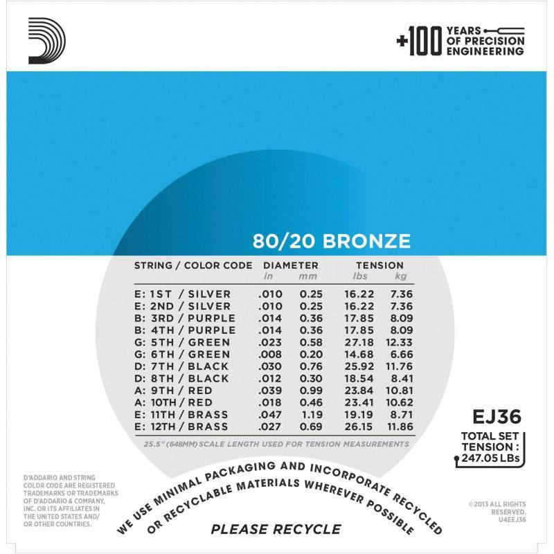 Струни для акустичної гітари D'Addario EJ36 80/20 Bronze Extra Light 12-Strings 10/47