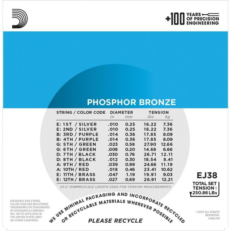 Струни для акустичної гітари D'Addario EJ38 Phosphor Bronze Extra Light 12-Strings 10/47