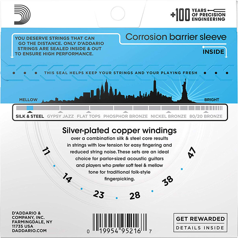 Струны для акустической гитары D'Addario EJ40 Silk & Steel Folk 11/47