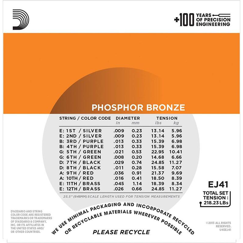 Струны для акустической гитары D'Addario EJ41 Phosphor Bronze Extra Light 12-Strings 9/45