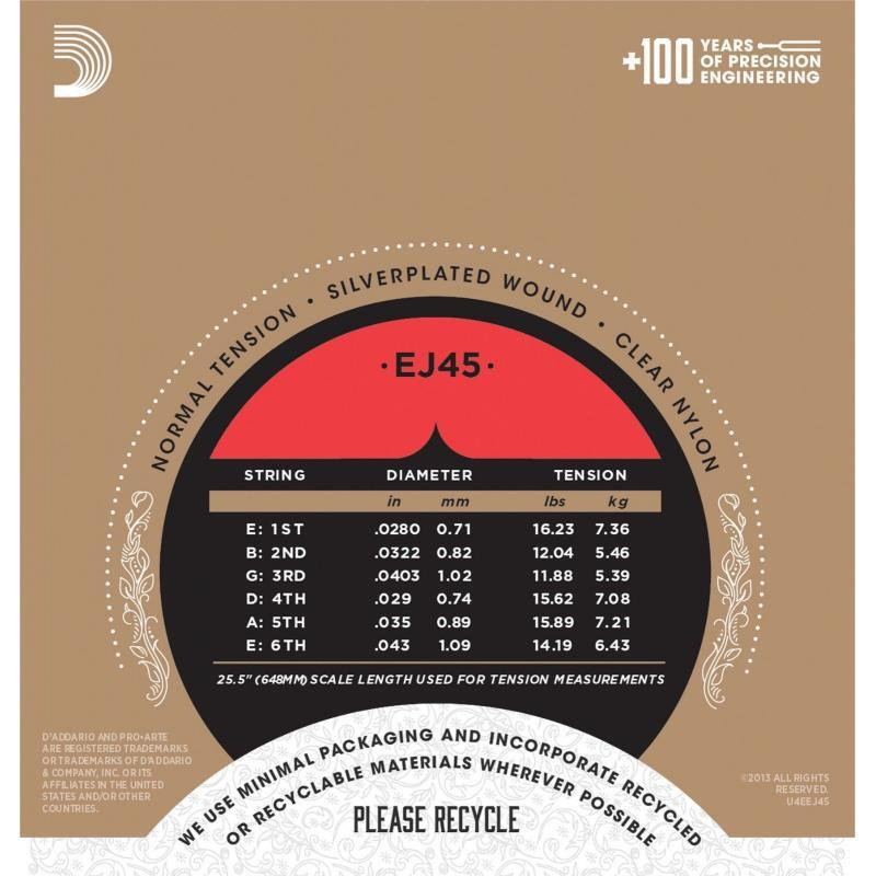 Струны для классической гитары D'Addario EJ45 Silverplated Wound Nylon Normal Tension