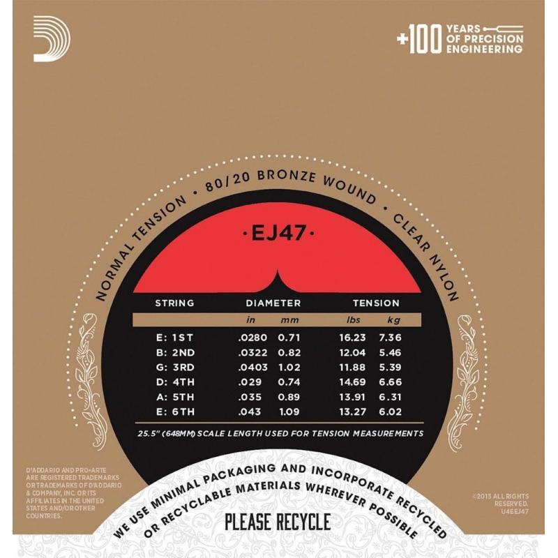 Струны для классической гитары D'Addario EJ47 80/20 Bronze Wound Nylon Normal Tension