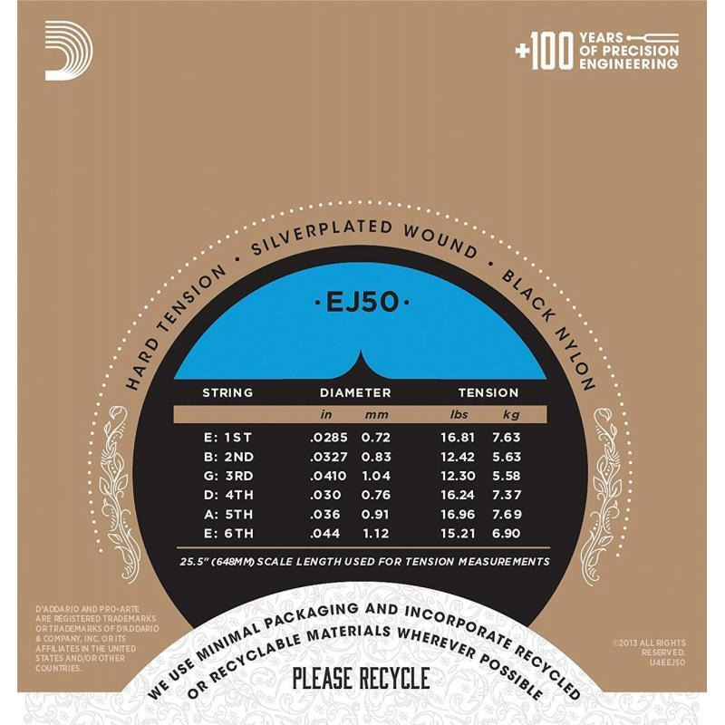 Струни для класичної гітари D'Addario EJ50 Black Nylon Hard Tension