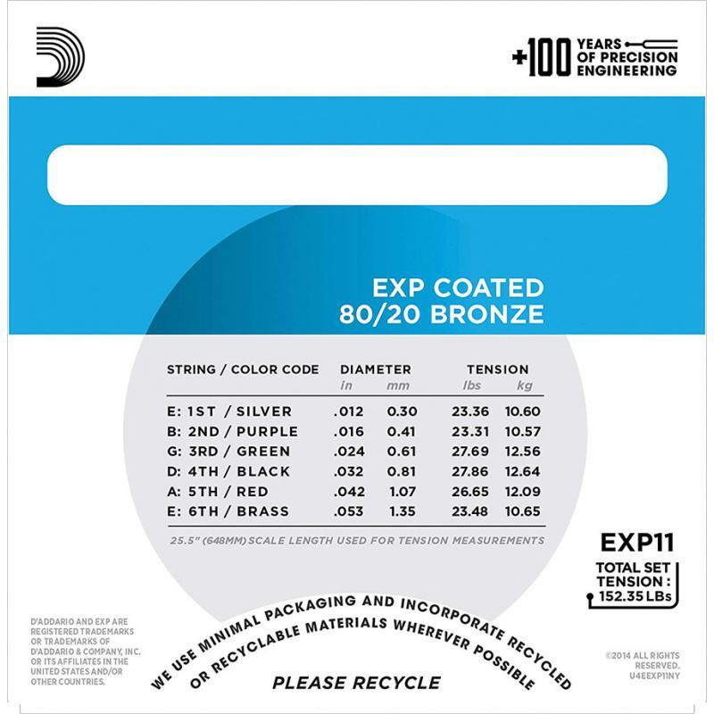 Струны для акустической гитары D'Addario EXP11 80/20 Bronze Light 12/53