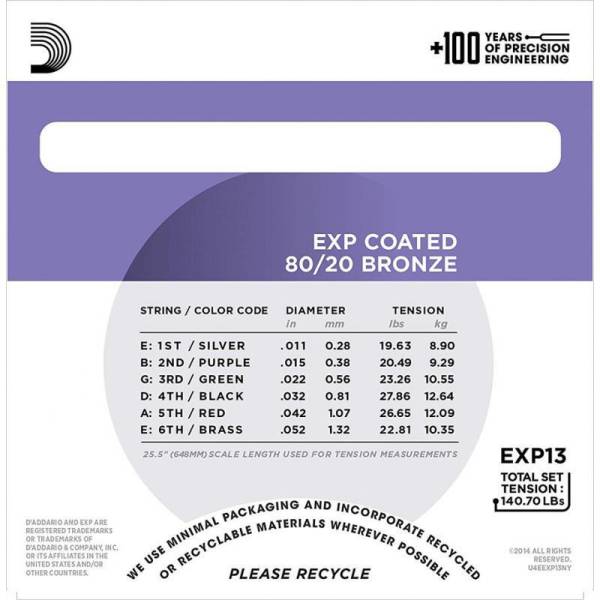 Струны для акустической гитары D'Addario EXP13 80/20 Bronze Custom Light 11/52