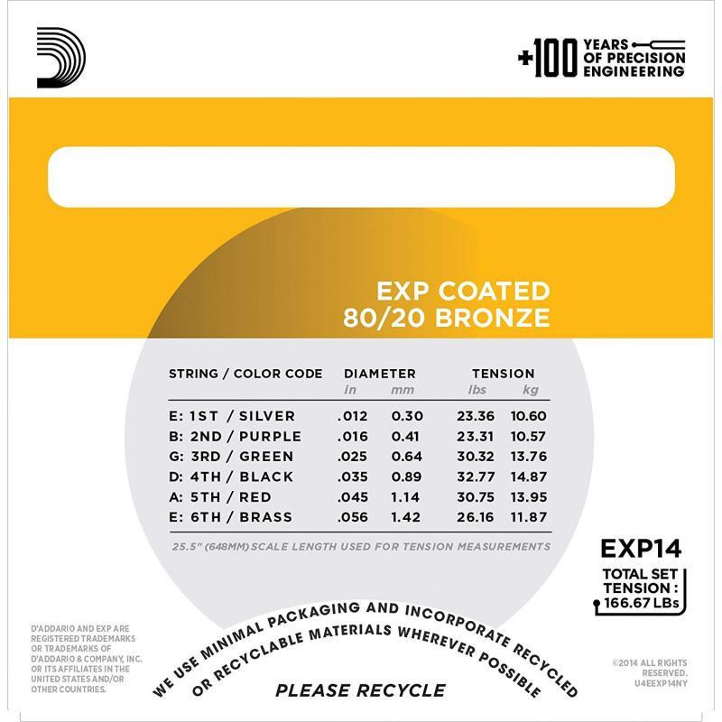 Струни для акустичної гітари D'Addario EXP14 80/20 Bronze Light Top / Medium Bottom 12/56