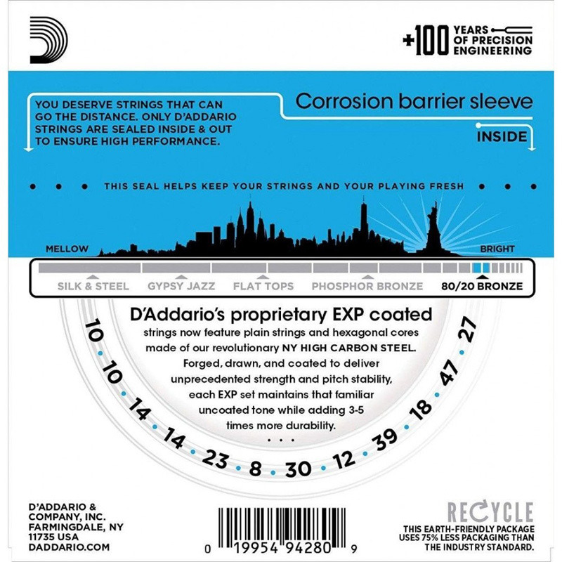 Струны для акустической гитары D'Addario EXP36 Phosphor Bronze Light 12 Strings 10/47