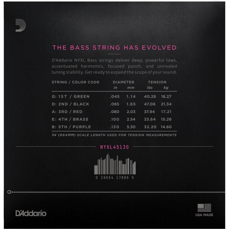 Струны для бас-гитары D'Addario NYXL45130 Nickel Wound Regular Light 5 Strings 45/130
