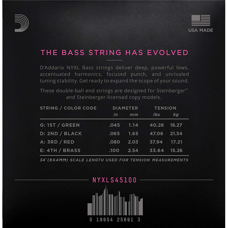 Струни для бас-гітари D'Addario NYXLS45100 Double Ball End Steinberger Regular Light Long Scale 45/100