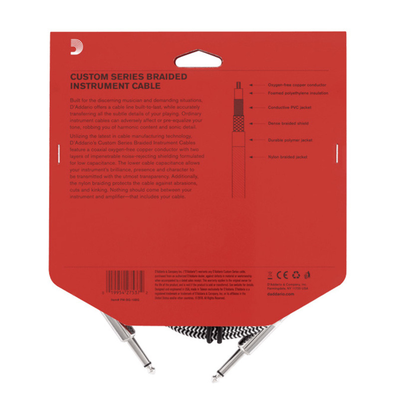 Кабель инструментальный D'ADDARIO PW-BG-10BG Custom Series Braided Instrument Cable - Grey (3m)