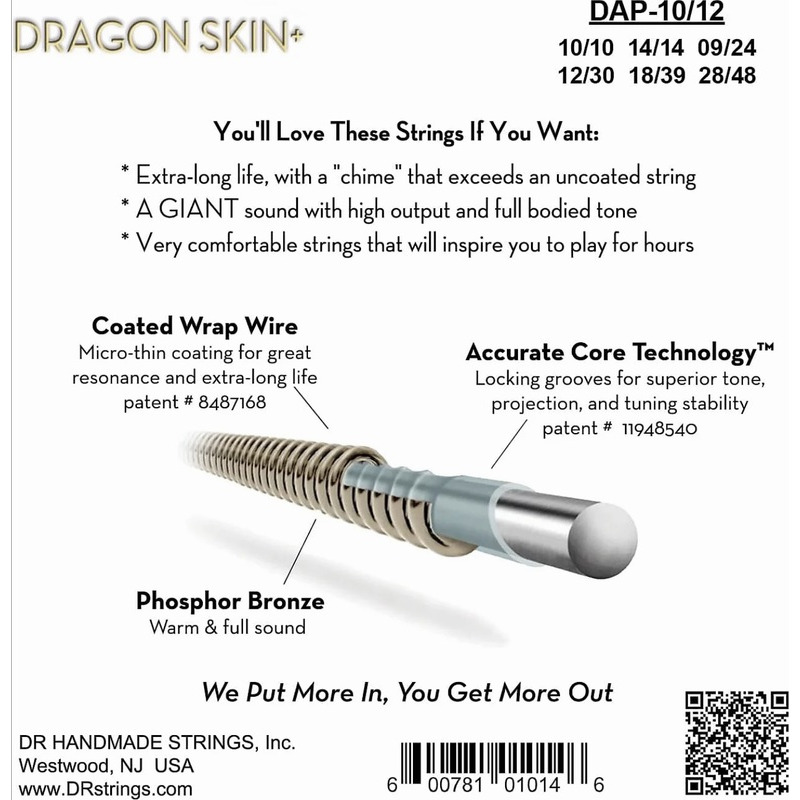 Струни для акустичної гітари  DR DAP-10/12 Dragon Skin+ Acoustic Phosphor Bronze 12 Strings Light 10/48