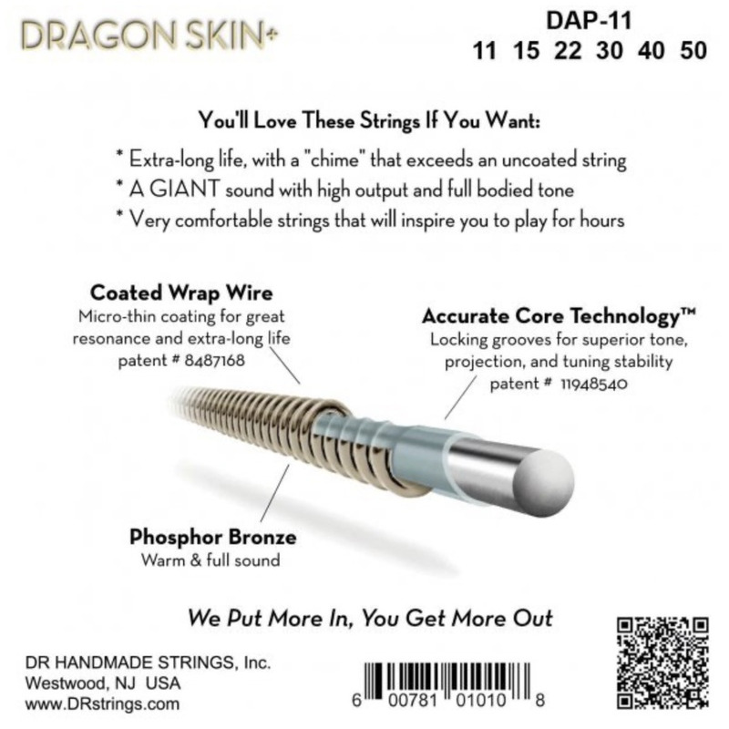 Струны для акустической гитары DR DAP-11 Dragon Skin+ Acoustic Phosphor Bronze Custom Light 11/50