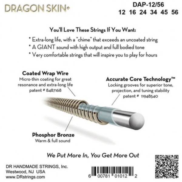 Струни для акустичної гітари DR DAP-12/56 Dragon Skin+ Acoustic Phosphor Bronze Bluegrass 12/56