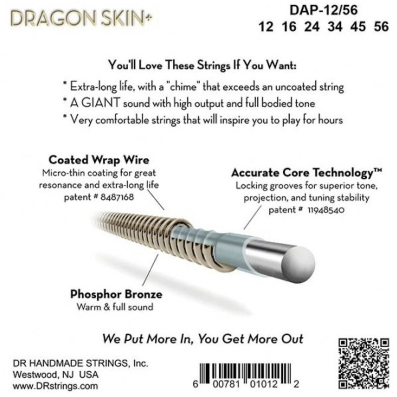 Струни для акустичної гітари DR DAP-12/56 Dragon Skin+ Acoustic Phosphor Bronze Bluegrass 12/56