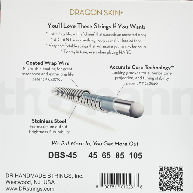 Струны для бас-гитары DR DBS-45 Dragon Skin Coated Medium 4-String 45/105