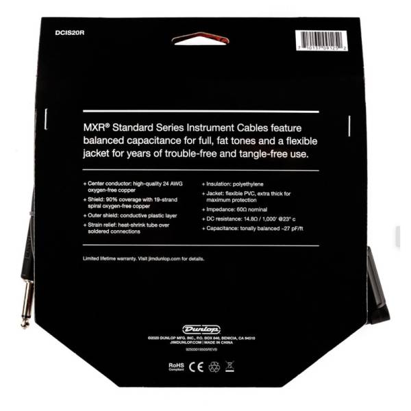 Кабель инструментальный Dunlop DCIS20R MXR Standard Instrument Cable 6.0m (20ft) (Straight/Right)