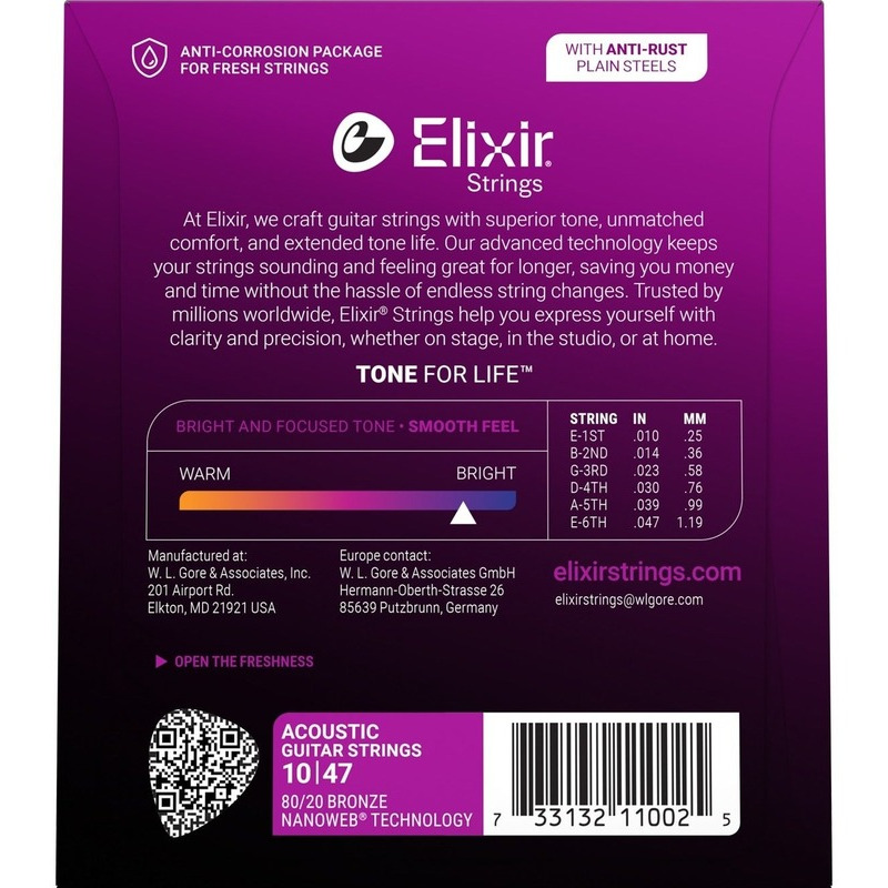 Струны для акустической гитары Elixir 11002 Nanoweb 80/20 Bronze Extra Light 10/47
