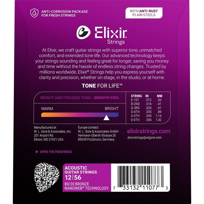 Струны для акустической гитары Elixir 11077 Nanoweb 80/20 Bronze Light Medium 12/56