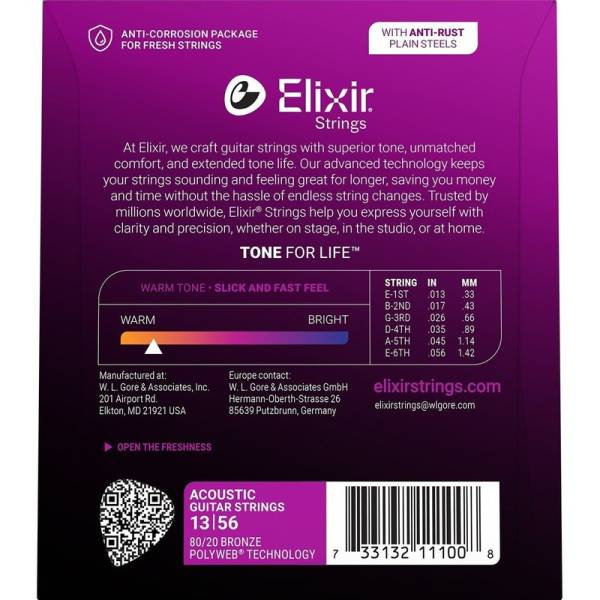Струни для акустичної гітари Elixir 11100 Polyweb 80/20 Bronze Medium 13/56