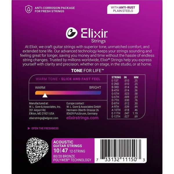 Струни для акустичної гітари Elixir 11150 Polyweb 80/20 Bronze 12 Strings Light 10/47