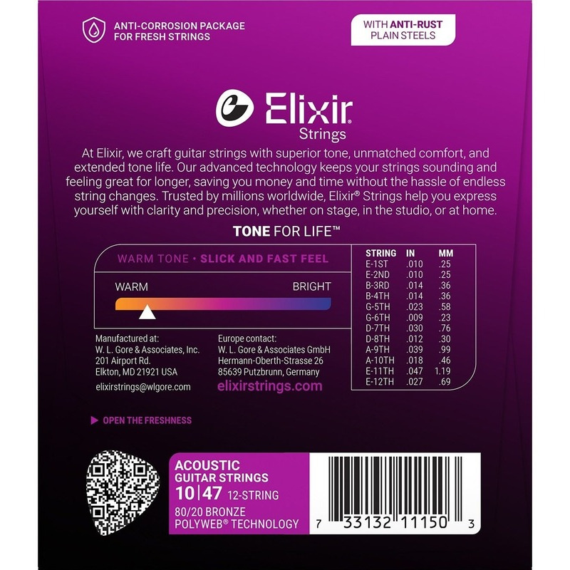 Струны для акустической гитары Elixir 11150 Polyweb 80/20 Bronze 12 Strings Light 10/47