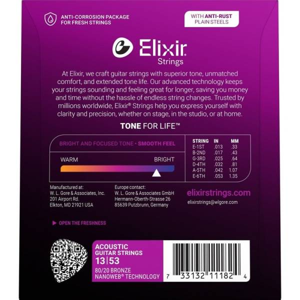 Струни для акустичної гітари Elixir 11182 Nanoweb 80/20 Bronze HD Light 13/53