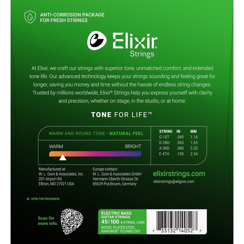 Струны для бас-гитары Elixir 14052 Nanoweb Coated Nickel Plated Steel Light 45/100