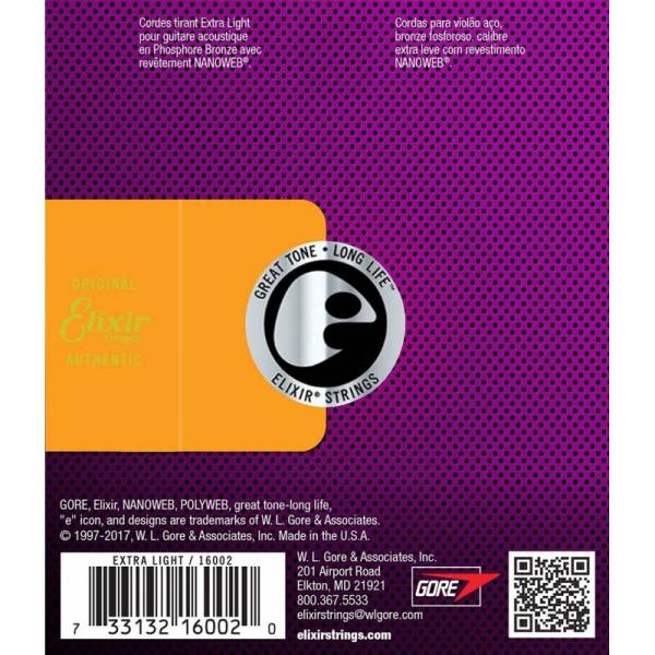 Струны для акустической гитары Elixir 16002 Nanoweb Phosphor Bronze Extra Light 10/47