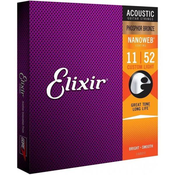 Струны для акустической гитары Elixir 16027 Nanoweb Phosphor Bronze Custom Light 11/52