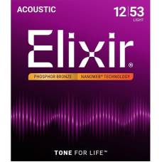 Струны для акустической гитары Elixir 16052 Nanoweb Phosphor Bronze Light 12/53