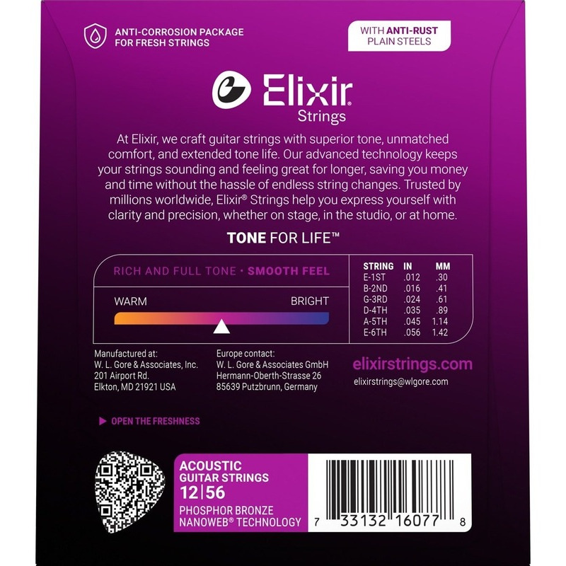 Струны для акустической гитары Elixir 16077 Nanoweb Phosphor Bronze Light-Medium 12/56