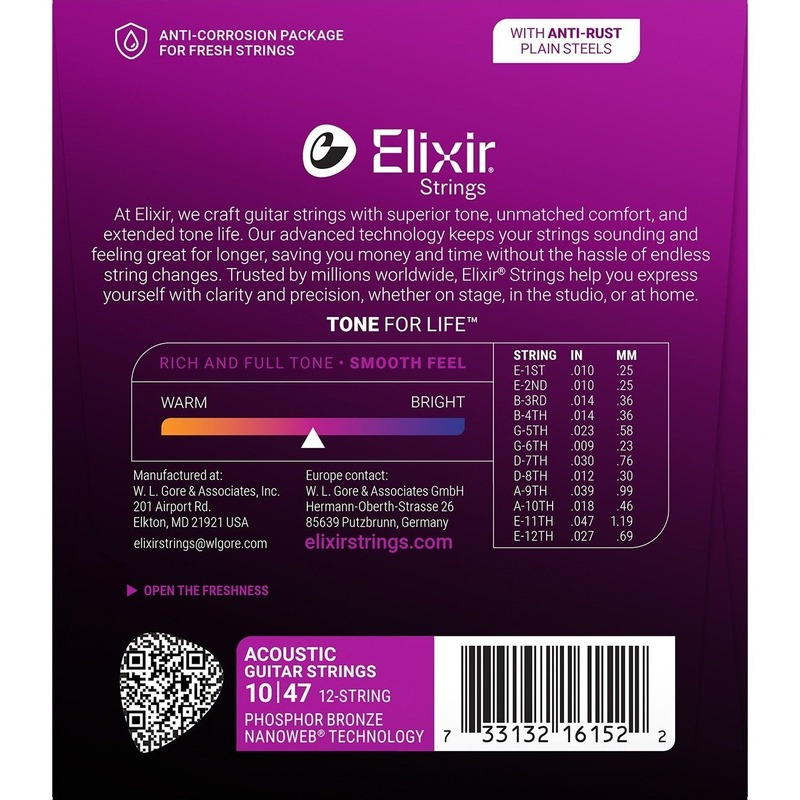 Струни для акустичної гітари Elixir 16152 Nanoweb Phosphor Bronze 12 Strings Light 10/47