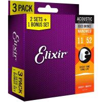 Струны для акустической гитары Elixir 3 Pack 16538 Nanoweb 80/20 Bronze Custom Light 11/52