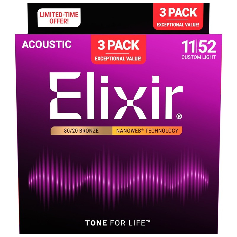 Струны для акустической гитары Elixir 3 Pack 16538 Nanoweb 80/20 Bronze Custom Light 11/52