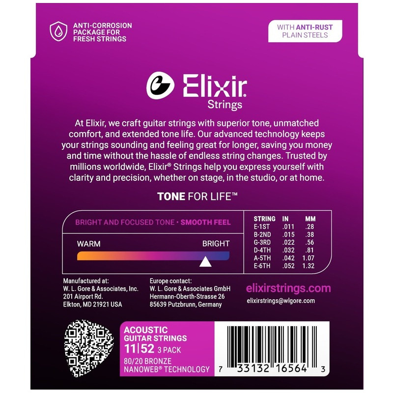 Струны для акустической гитары Elixir 3 Pack 16538 Nanoweb 80/20 Bronze Custom Light 11/52
