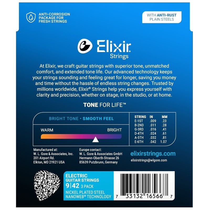 Струни для електрогітари Elixir 3 Pack 16540 Nanoweb Nickel Plated Steel Super Light 9/42