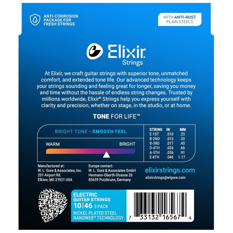 Струни для електрогітари Elixir 3 Pack 16542 Nanoweb Nickel Plated Steel Light 10/46