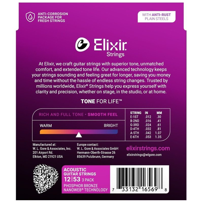 Струны для акустической гитары Elixir 3 Pack 16545 Nanoweb Phosphor Bronze Light 12/53