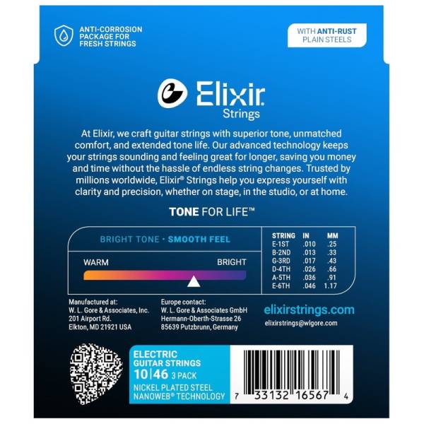 Струни для електрогітари Elixir 3 Pack 16567 Nanoweb Nickel Plated Steel Light 10/46