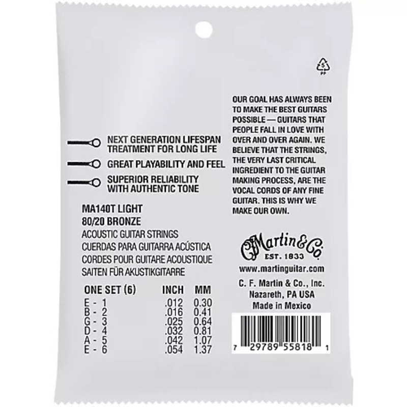 Струны для акустической гитары Martin MA140T Lifespan Treated 80/20 Bronze Light 12/54